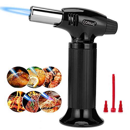 Butane Torch by Corkas, Professional Culinary Blow Torch Lighter with Safety Lock, Continuous Flame Mode and MAX 1300°C 2500°F for Kitchen Cooking, BBQ, Creme, Soldering, DIY ( Gas Not Included)