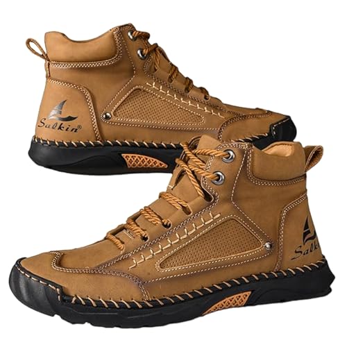 Sawbehind Mens Wide Shoes for Hiking Working, Men's Comfortable Handmade Leather Boots – Waterproof, Arch Support, Pressure Relief, Spacious Toe Box Outdoor Leather Shoes