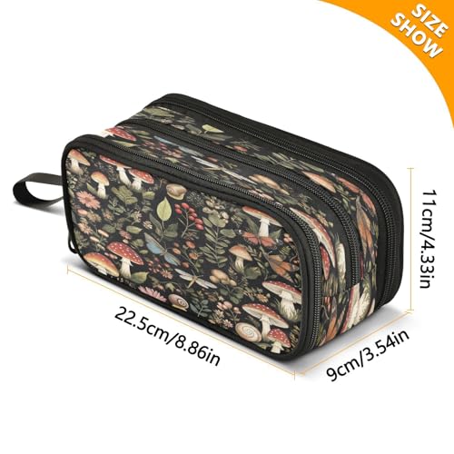 Image of Caikeny Pencil Case Vintage Woodland Mushroom Pen Bag Black Large Capacity Pencil Box Pen Pouch with Zipper Cosmetic Organizer for Kids Teens Adults