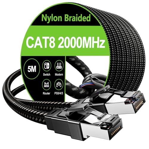 Ethernet Cable 5m Cat8 Internet Network Cable,High Speed 40Gbps 2000MHz Gigabit S/FTP Nylon Braided LAN Patch Cable,RJ45 Connector for PS5,Router,Gaming,TV,Xbox,Faster Than Cat5e/Cat6a/Cat7