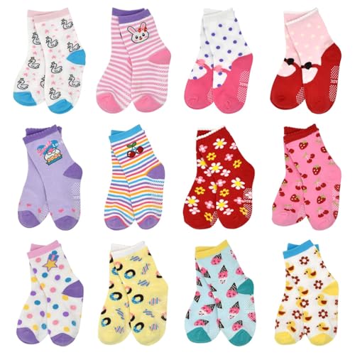 Image of HYCLES Anti Slip Toddler Socks, 12 Pairs Non-Skid Cotton Grip Kid Socks for 1-7T Boy Girl 6-12 Month Baby