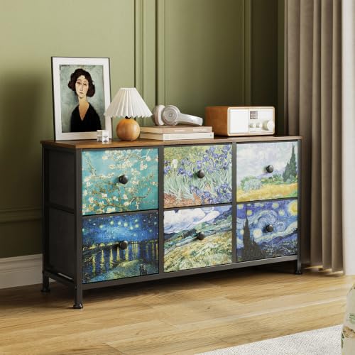 Image of EXOTICA 6 Drawer Dresser for Bedroom Van Gogh Chest of Drawers Wide TV Stands Fabric Storage Drawer Unit for Living Room Entryway Closet Sturdy Steel Frame Wood Top