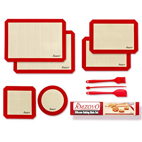 AMZOYO Silicone Baking Mats Set of 6 Including 2 Half Sheet Mats 2 Quarter Sheet Liner 1 Round 1 Square Cake Pan Mat 100 Non-stick Reusable Food Safe Liners for Baking Macaron Cookie Pizza