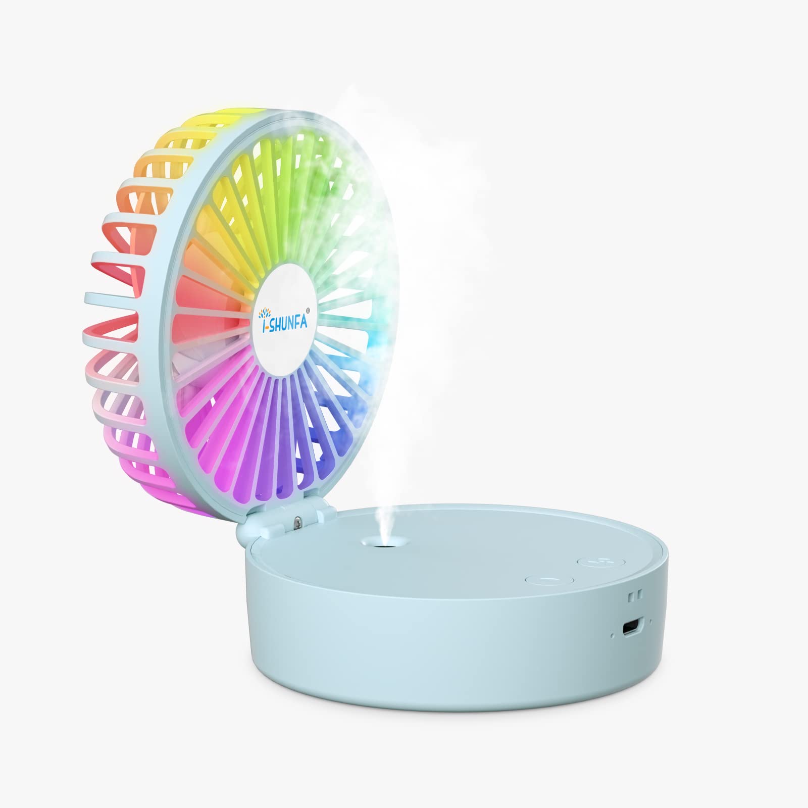 I-SHUNFA Portable folding fan, 2000mAh battery-powered desk fan, 3-speed wind speed with 7-color night light, 17ml humidifier, portable desk fan for travel, outdoor, home, with lanyard fan(Bule)