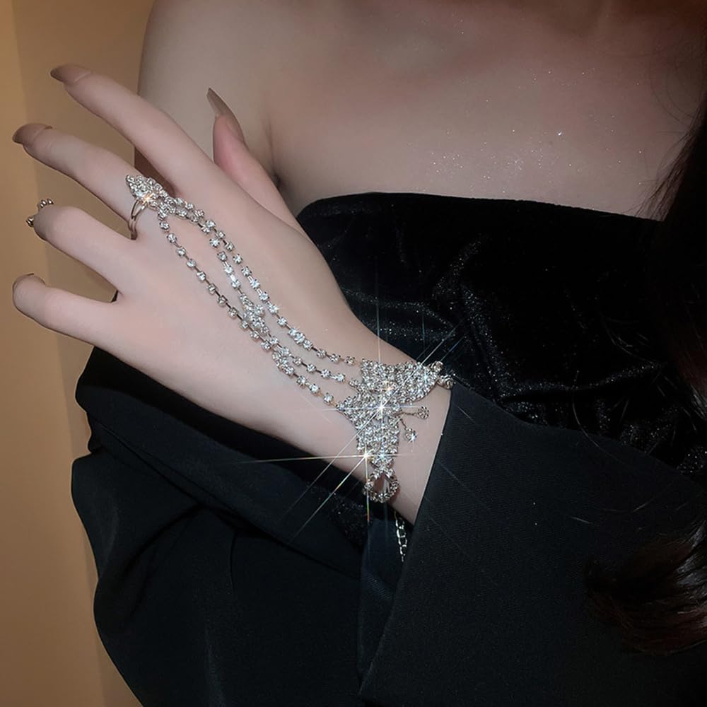 Wiwpar Sparkle Rhinestone Silver Butterfly Hand Chain Crystal Long Tassel Layered Hand Harness Bangle Finger Slave Link Chain Wedding Party Nightclub Bracelet Hand Chain for Women - Image 2
