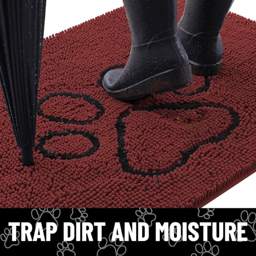 Image of Smiry Dog Door Mat for Muddy Paws, Absorbent Dirt Trapper Non Slip Quick Dry Washable Chenille Mat for Mud Dogs, Entry Rug for Indoor and Outdoor (30x20 Inches, Caramel Russet and Black)