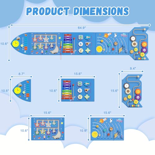 Image of Spacocld Rocket Activity Wall Busy Board Panels - Sensory Wall Panel for Kids, Montessori Toddler Wall Activity Board, Wall Toys for Toddlers 3, Activity Cube, Wooden Multi-Activity Boards, Blue(5PCS)