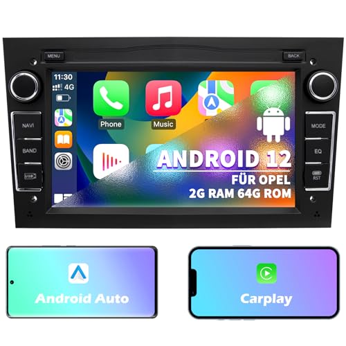 Autoradio pour Opel, Radio 2 DIN, Système Android 12 2G+64 Go avec Navi CarPlay Android Auto WLAN Bluetooth MirrorLink, écran 7 Pouces Radio FM Double Din Commande au Volant