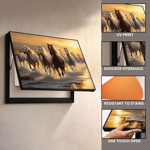 Image of Electric MCB Box Cover Frame With Hydraulic Decorative White 9 Running Horse Painting Electrical Panel box Cover, Switch Box Frame Will Fit Max 15x20 inch Switch Board, Outer Box Size 17X23 Inch