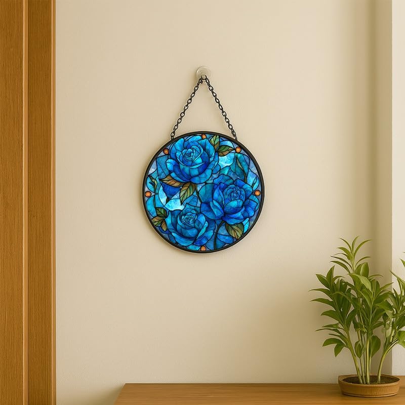 Blue Roses Stained Glass Window Hanging - Sun Catchers Indoor Window Stained Glass Panels Wall Decor for Mom，Wife，Lovers 11.8in