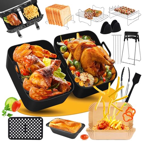 Accessori Friggitrice ad Aria Compatibile con Ninja Foodi Max Dual Zone AF400EU AF451EU AF300EU 7.6L-9.5L, Teglia Silicone per Friggitrice ad Aria con Teglie, Carta Forno, Griglie