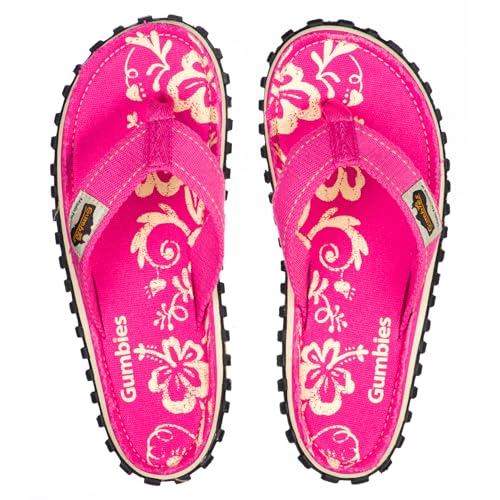 Gumbies Originals Damen - Flip Flops aus recycelten Materialien - profilierte Sohle aus wiederverwerteten Autoreifen, weiches Fußbett aus Canvas-Baumwolle, bequemer Zehensteg - Pink Hibiscus, 37