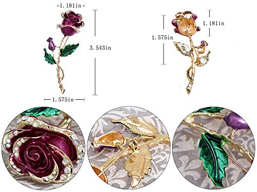 Alilang Golden Tone Purple Violet Green Romantic Rose Flower Stem Leaf Brooch Pin #TOP4