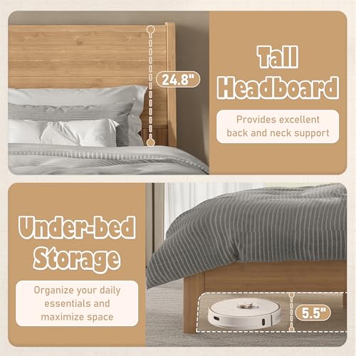 Image of Bellemave Queen Size Bamboo Bed Frame with Headboard,Bamboo Platform Bed Frame Queen Size with Tall Headboard and Wood Slats,Easy Assembly,Natural