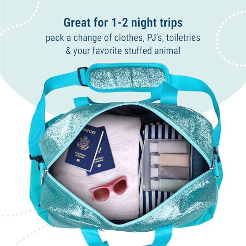 Image of Wildkin Kids Overnighter Duffel Bag - Carry-On Travel Bag for School & Sleepovers, Lightweight, Durable, Boys & Girls Ages 4-15 - Blue Glitter