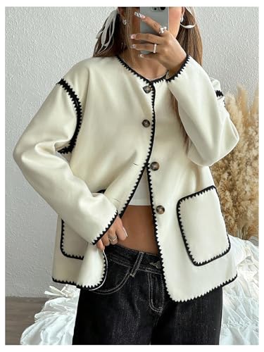 MakeMeChic Women's Button Down Long Sleeve Wool Coat Crewneck Jackets4