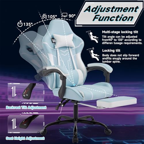 Image of Gaming Desk Chair for Adults, Ergonomic Gaming Chair with Footrest & Headrest and Lumbar Support, Leather Material Height Adjustable Computer Video Game Chairs (Blue+White)