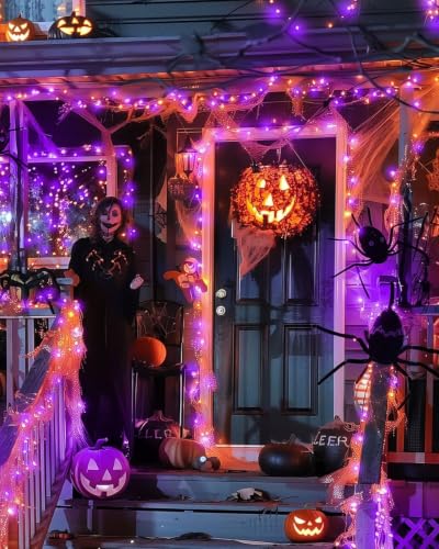 Image of Brightown Halloween Fairy Lights Battery Operated, 10 FT 120LED Firecracker String Lights, Silver Wire Firefly Lights for Bedroom Home Haunted House Indoor Outdoor Holiday Decorations, Orange & Purple