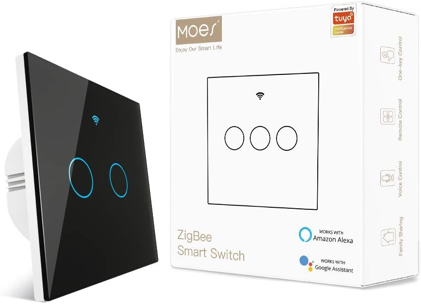 Tuya ZigBee Smart Touch Switch No Neutral Wire No Capacitor Needed, also Works with L & N wire, Compatible with Smart Life Tuya App Alexa Google Home, Tuya ZigBee Hub Needed, 2 Gang, Black