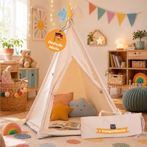 Nachtwaechter Tipi Zelt für Kinder I Kinderzelt Indoor mit 2 Kissen Fenster & Vorhängen I Tipi Kinderzelt Indoor aus Baumwolle & Holz - Ideal im Kinderzimmer bei Geburtstagen oder unterwegs