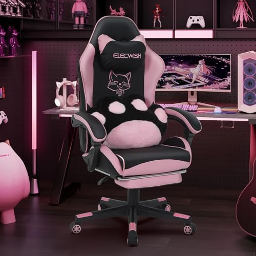 YU YUSING Bonita Silla Gaming con Pata de Gato Cojín Lumba y Orejas de Gato, Silla Gamer Ergonómica Escritorio, Reposapiés Reposacabeza, Caldera de Ordenador para Niñas, Adolescentes, Oficina, Rosa