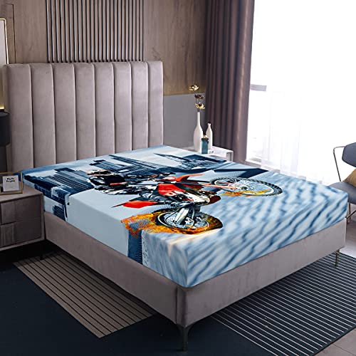Loussiesd Luxury Motorcycle Fitted Sheet 100% Microfiber Breathable Grey City Motocorss Only Bedsheet No Pillowcases Fitted Sheets Double(135x200+30cm)