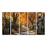 islandburner Prime Bild auf Leinwand Herbstliche Baumallee in einer gemütlichen Wohngegend - Leinwand 160x80cm - 5 Teile XXL