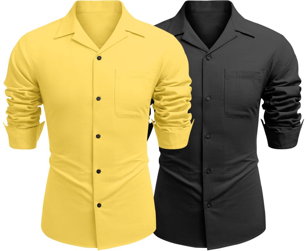 Image of Combo of Men's Casual Cotton Blend Shirt || Long Sleeve Button Down with Spread Collar | Lightweight Breathable Fabric | Stylish Solid Shirt for Beach, Office & Everyday Wear Pack of 2