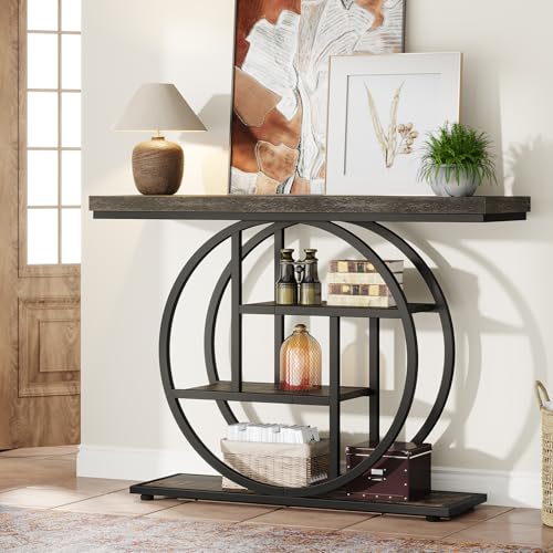 Image of Tribesigns 41.3 inch Console Table, Industrial 4-Tier Sofa Table Entryway Table with Circle Base, Narrow Wood Accent Tables with Storage Shelves for Living Room, Hallway, Foyer, Charcoal Black