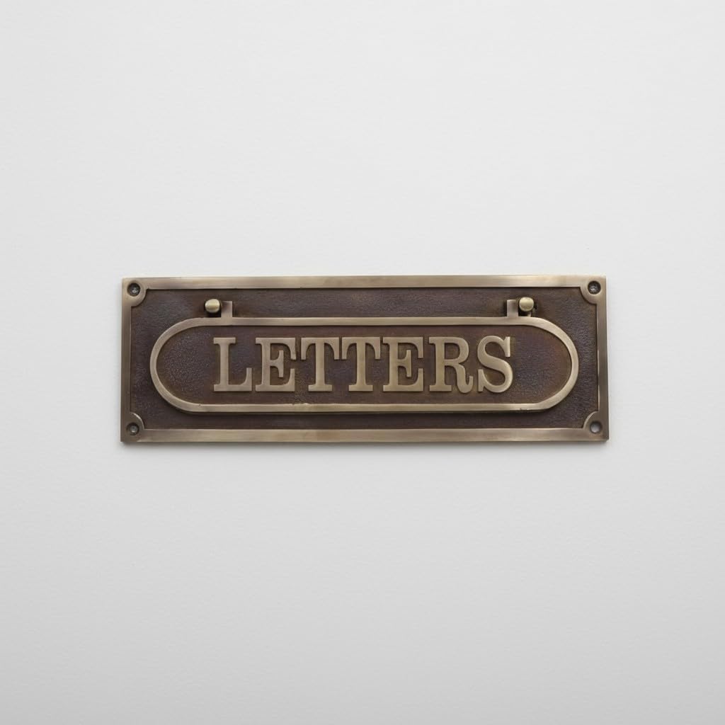 Vintage Brass “LETTERS” Mail Slot – Antique Cast Brass Letter Plate for Front Door – Heavy-Duty Mailbox Door Slot Cover – Rustic Classic Design for Home Entryway & Office (30x10 cm)