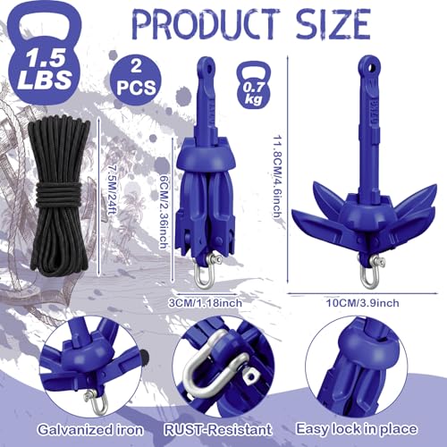 Image of Lounsweer 2 Pack 1.5 /3.5 lb Marine Kayak Anchor Kit Folding Grapnel Anchor Kit Boat Kayak Fishing Accessories for Small Boats Kayaks Canoe Paddle Boards