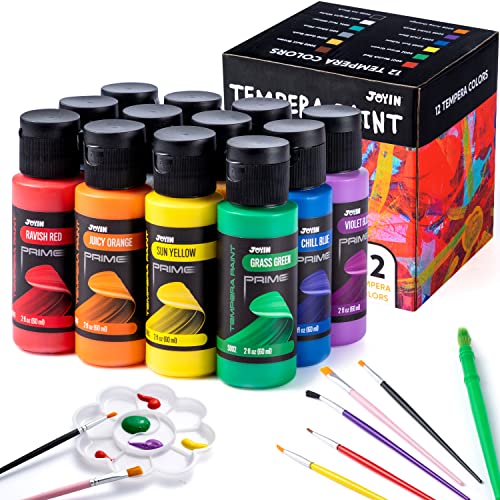 JOYIN 12PCS Washable Kids Tempera Paint Set (2 oz Each), Liquid Poster Paint with 6 Brushes, 2 Palette & 1 Paint Brush Clean Bucket, Non-Toxic Kids Paint for Finger Painting, Hobby Painters