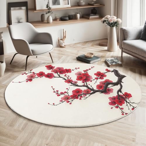Tapis rond salon lavable rouge avec fleurs de prunier 120cm