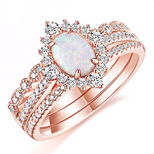 TIGRADE 1.5CT Oval Opal Bridal Ring Sets 3Pcs Rose Gold Stackable Rings Cubic Zirconia Engagement Halo CZ Wedding Band for Women Size 3-12