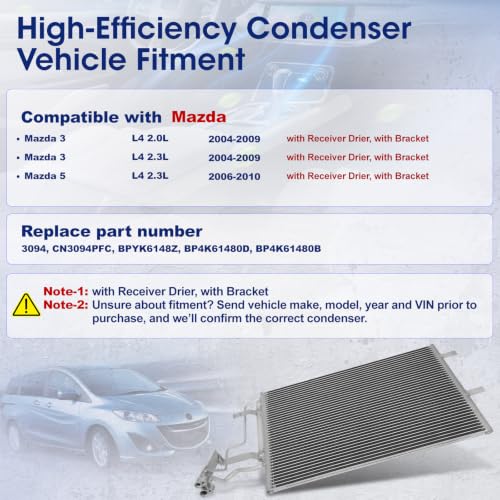 Image of Air Conditioning A /C Condenser Compatible with Mazda 3# 3094, CN3094PFC, BPYK6148Z, BP4K61480D, BP4K61480B