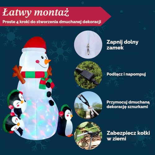 Joiedomi Nadmuchiwana dekoracja zewnętrzna z wbudowanymi wielokolorowymi diodami LED, bałwanek, pingwin, nadmuchiwane nadmuchiwane na imprezę bożonarodzeniową, błyszcząca, na imprezę, do wewnątrz, na