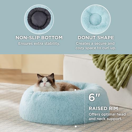 Image of Bedsure Calming Cat Beds for Indoor Cats - Small Cat Bed Washable 20 inches, Anti-Slip Round Fluffy Plush Faux Fur Pet Bed, Fits up to 15 lbs Pets, Aqua Blue