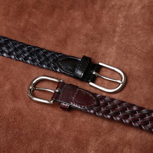 3cm Wide Woven Genuine Leather Belt for Men Women-Handmade Braided Design Strap with Pin Buckle-Versatile Casual Pants(105cm/41, Black)4