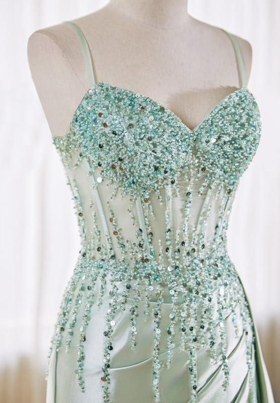 Sparkly Beaded Satin Prom Dresses with Slit Lace Appliques Spaghetti Strap Long Mermaid Evening Gown - Image 5