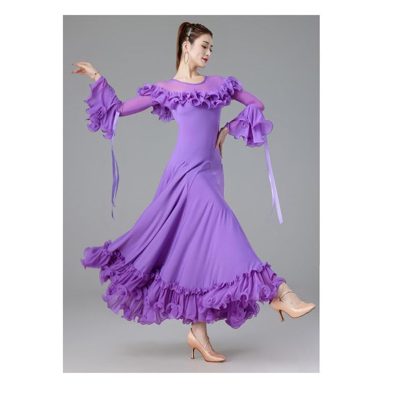 Abiti da Ballo da Sala per Donna Abbigliamento da Prestazione Valzer Manica Tromba Costumi da Competizione National Standard Flamenco Slim Fit Gonna Big Swing