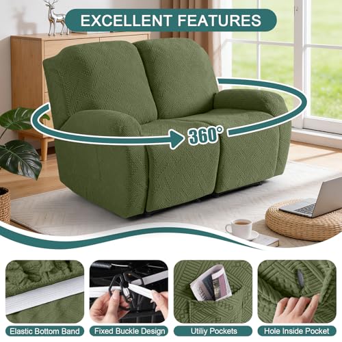 Image of Ruaozz Recliner Loveseat Covers 2 Pieces Recliner Sofa Covers with Pockets Stretch Reclining Couch Slipcover Washable Furniture Protector with Elastic Bottom (2 Seater, Army Green)