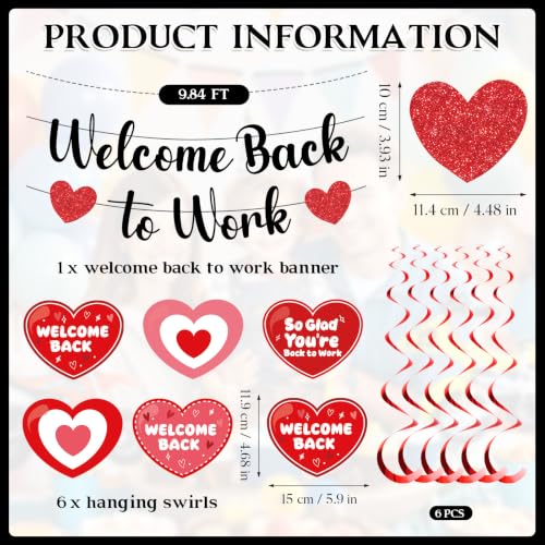 Image of Welcome Back To Work Decoration Banner So Glad You're Back To Work Banner and Hanging Swirls for Office Party Supplies - Black Red