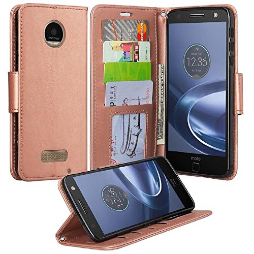 Compatible for Motorola Moto Z Force Case PU Leather Magnetic Flip Wallet Phone Cover - Rose Gold
