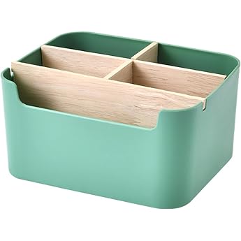 VICDUEKG Desk Organiser 5 Compartments Bamboo Office Organiser with Pen Holder Storage Box Desk Organiser for Pens Cosmetics Sticky Notes Green