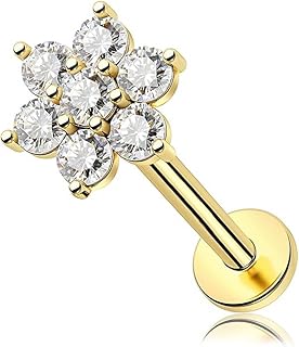 مجوهرات بيرسينج مرصعة باحجار كريمة على شكل زهرة للاذن/الشفاه - ابيض، ذهبي