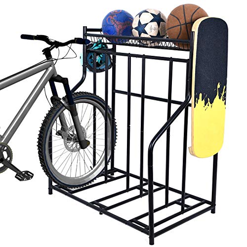 Lycklig Bike Rack for Garage Floor Parking Stand for 3 Bicycles, Bike Stand Rack with Storage Basket, Free Standing Bicycle Rack for Road, Mountain, Hybrid, Adult or Kids Bike, Black