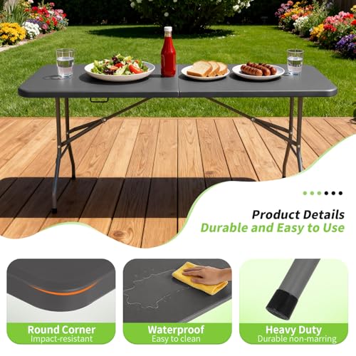 Image of BestOffice 6 FT Picnic Table, Portable Plastic Folding Table with Carrying Handle Perfect for Picnics, Parties, Party and Camping, Grey