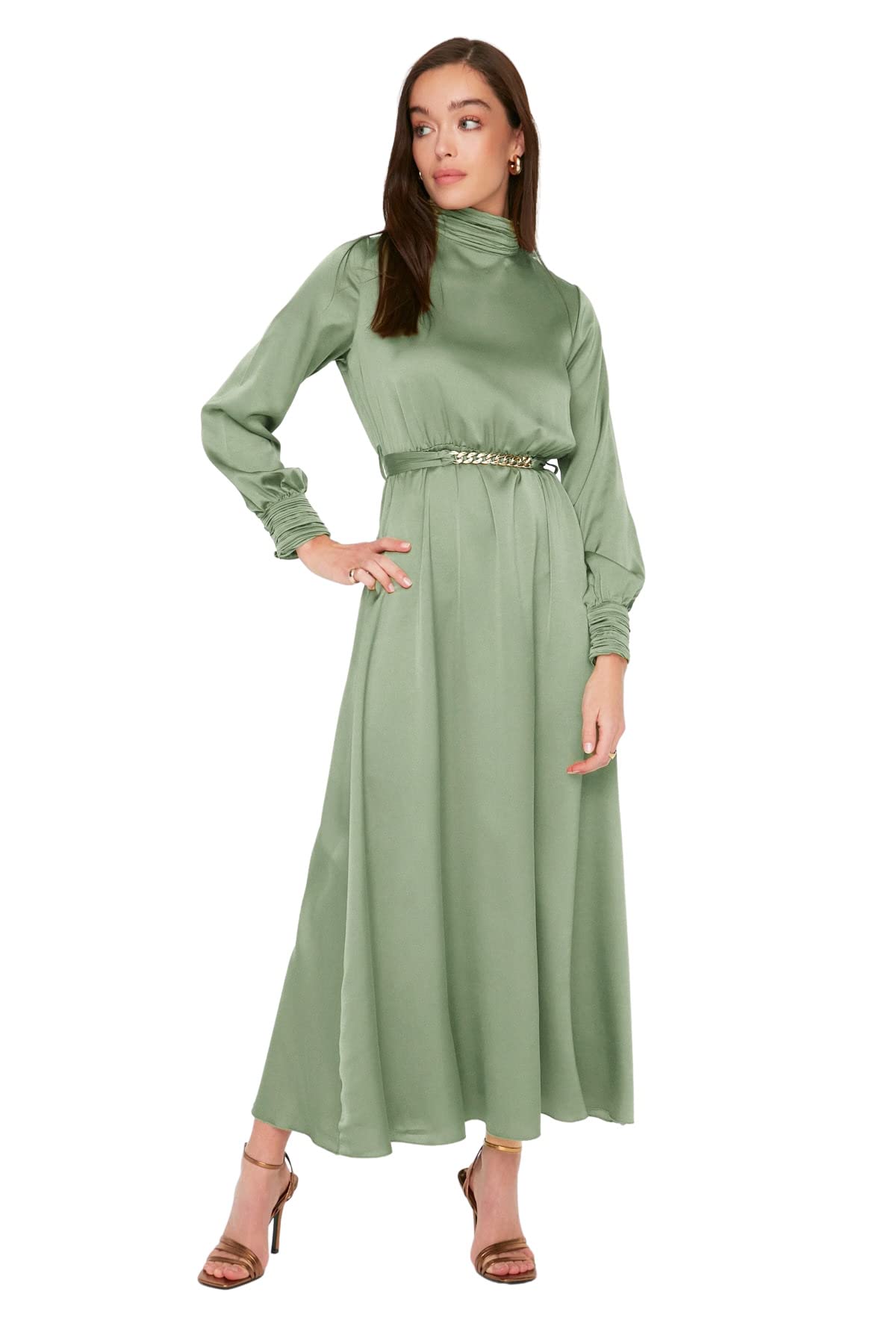 Trendyol Modest Damen Grün Es Gewebtes Abendkleid Mit Drapiertem Kragen Und Manschetten, Gürtel Für - Größe 36