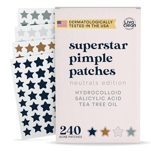 LivaClean 240 CT Neutrals Pickelpflaster für Gesicht mit Salicylsäure & Teebaum, Hydrokolloid Akne Patches Cute Star Pimple Patch für Heilung, niedliche Gesichtsaufkleber, Zit Patch