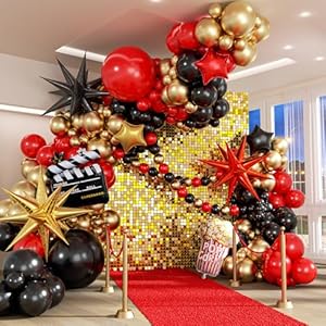 Movie Night Balloon Arch Garland Kit with Red Black and Gold Balloons Movie Foil Balloons for Birthday Movie Night Movie Theater Movie Theme Party Decorations